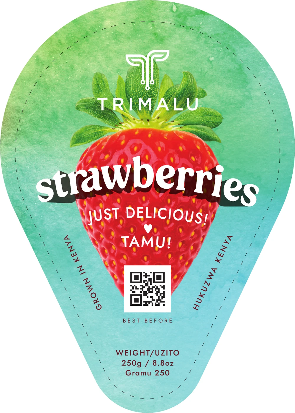 Trimalu strawberries retail label with bilingual 250 gram weight statement